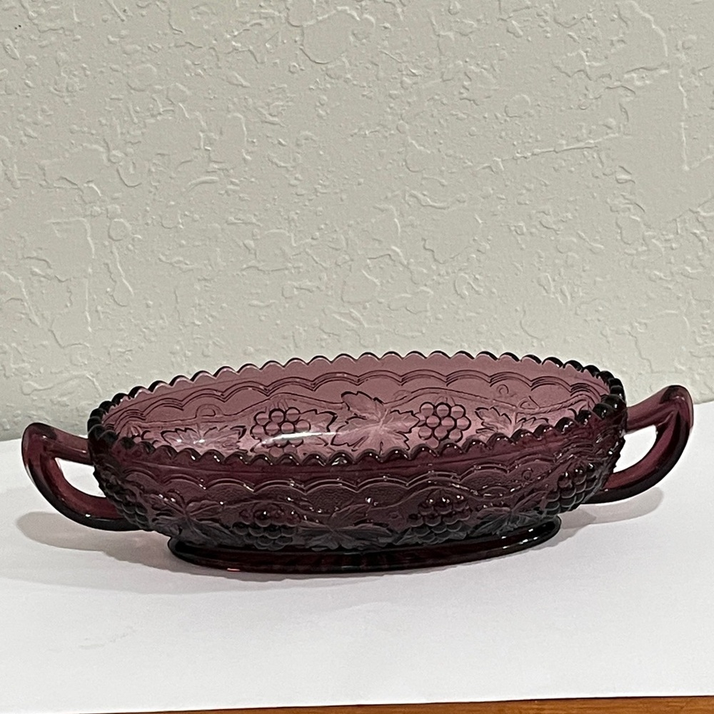 Imperial Glass Rare Amethyst Grapes and Leaves Scalloped Handled Oval Dish
